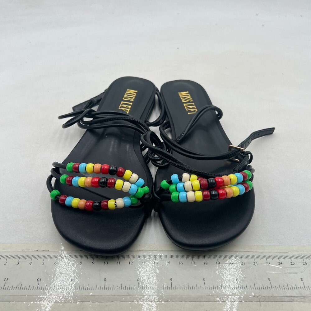 miss left Black Beaded Flat Sandals for Women Ankle Strap Open Toe Slide Sandals - Picture 3 of 8
